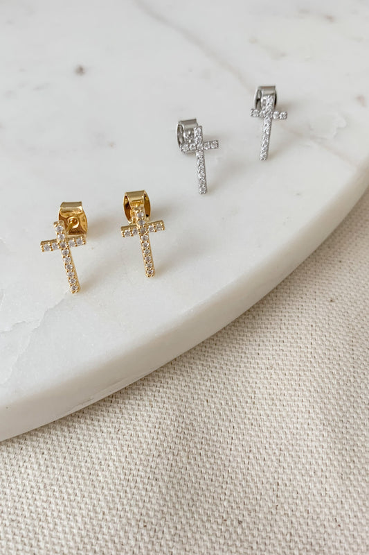 CZ Sterling Silver Cross Studs