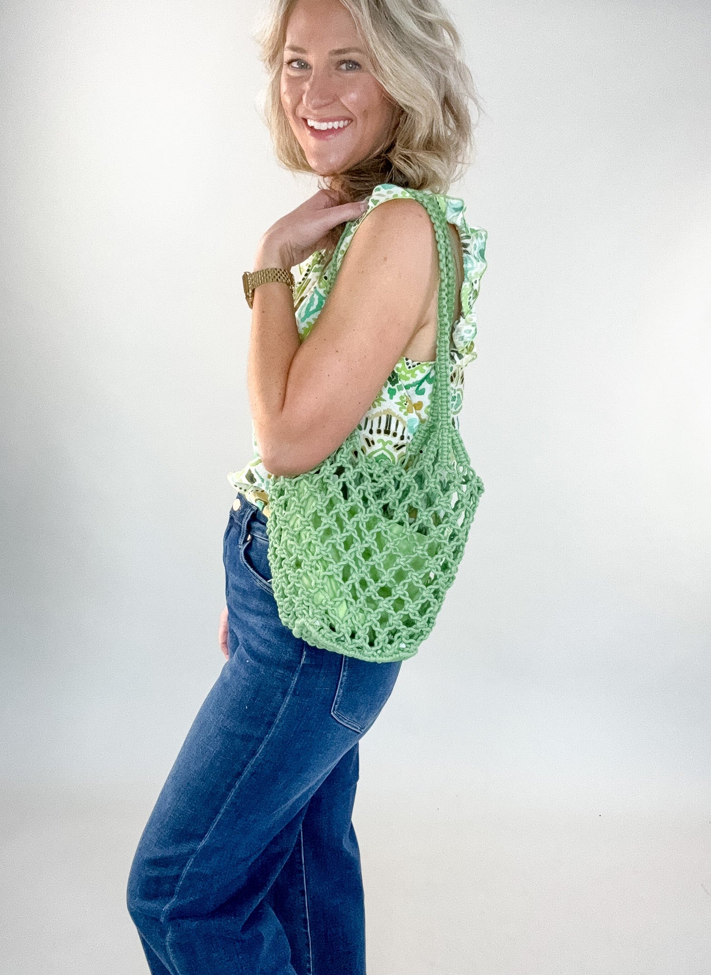 Green Birdie Macrame Tote