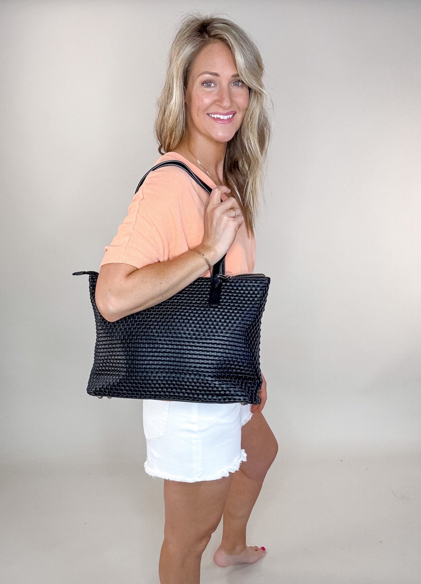 Shelly Woven Top Zip Tote Bag