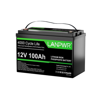 【New Year Sale ＄69】LANPWR 12V 100Ah LiFePO4 Battery with 4000+ Deep Cycles & Built-In 100A BMS, 1280Wh Best RV Lithium Battery