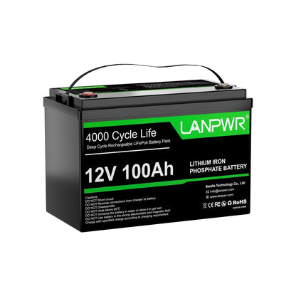 【New Year Sale ＄69】LANPWR 12V 100Ah LiFePO4 Battery with 4000+ Deep Cycles & Built-In 100A BMS, 1280Wh Best RV Lithium Battery