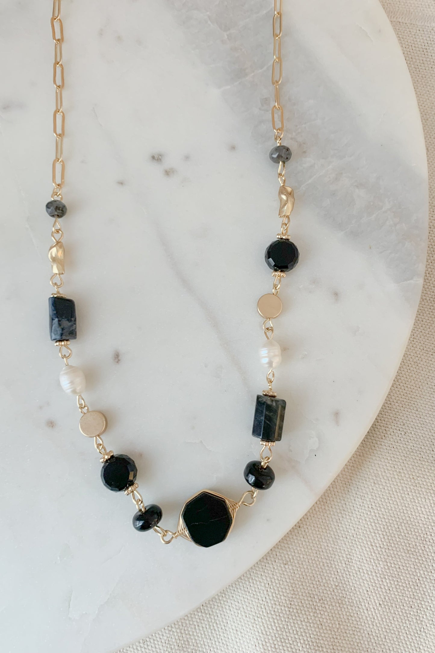 Stone Beaded Black Collar Necklace