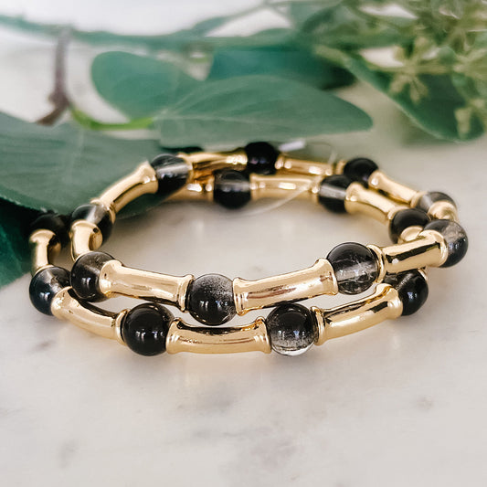 Black Beaded Accent Gold Bracelet Set