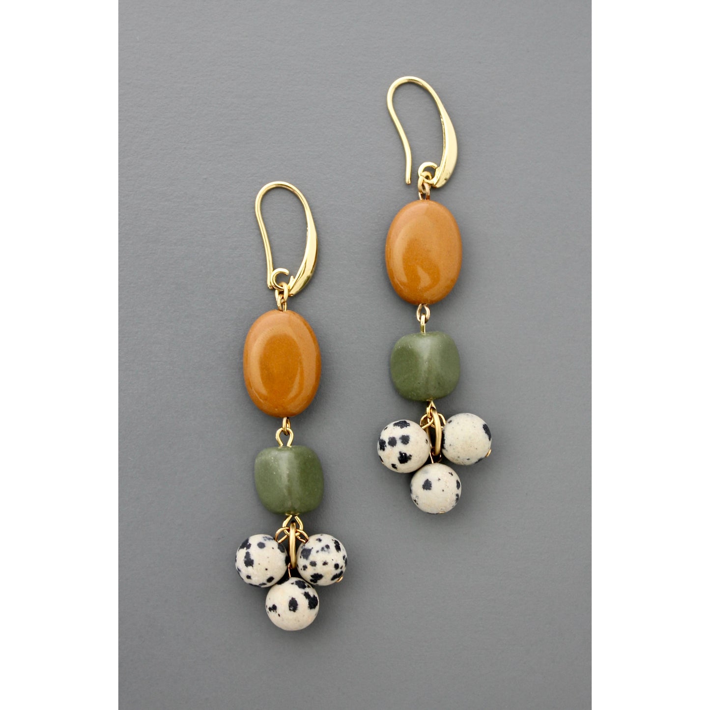 Jasper, Serpentine, and Dalmatian Cluster Earrings