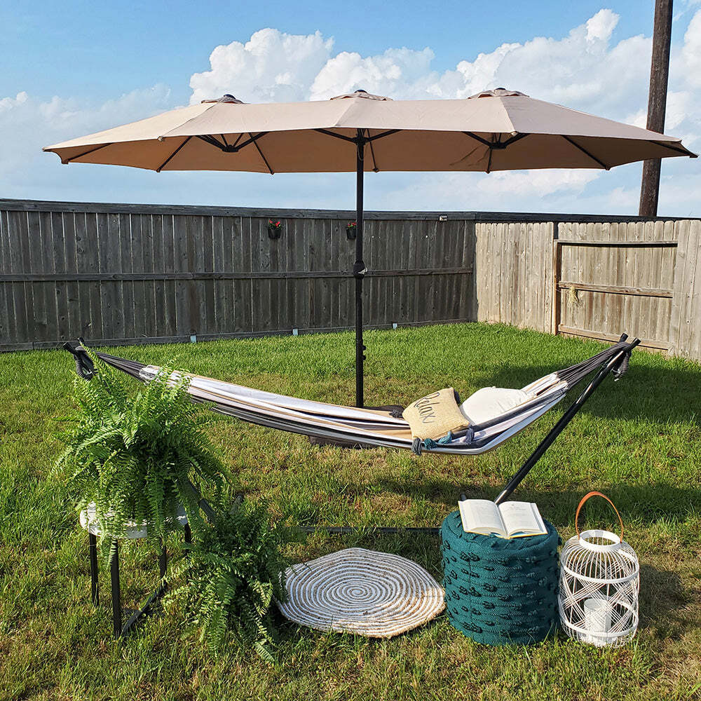 🌞15ft Patio Steel Rectangular Double-Sided Market Umbrella With Base(Free shipping)